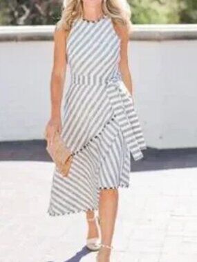 Banana Republic striped dress 10 navy cream midi asymmetrical